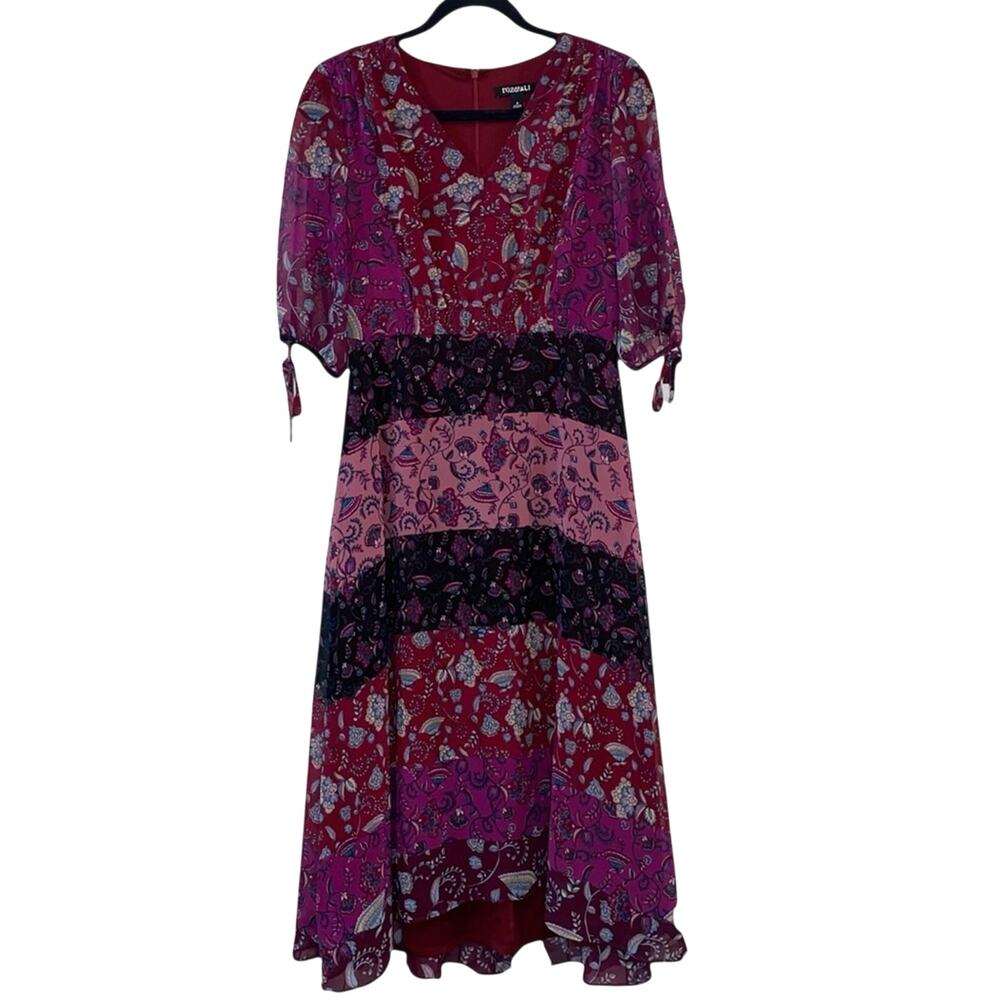 Roz & Ali Floral Midi Dress Size 4 Boho Tie Sleeve V Neck Pink Red